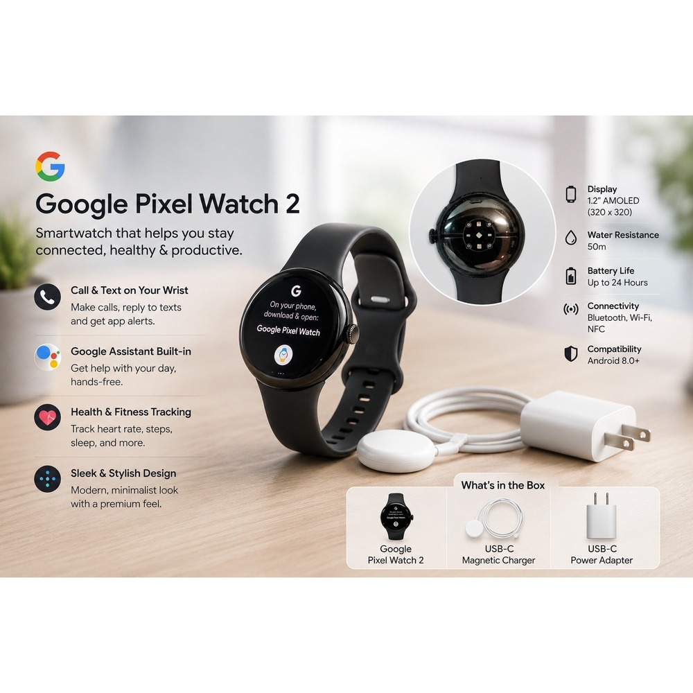 Google Pixel Watch 2 Obsidian Black Smartwatch with Charging Cable and Adapter